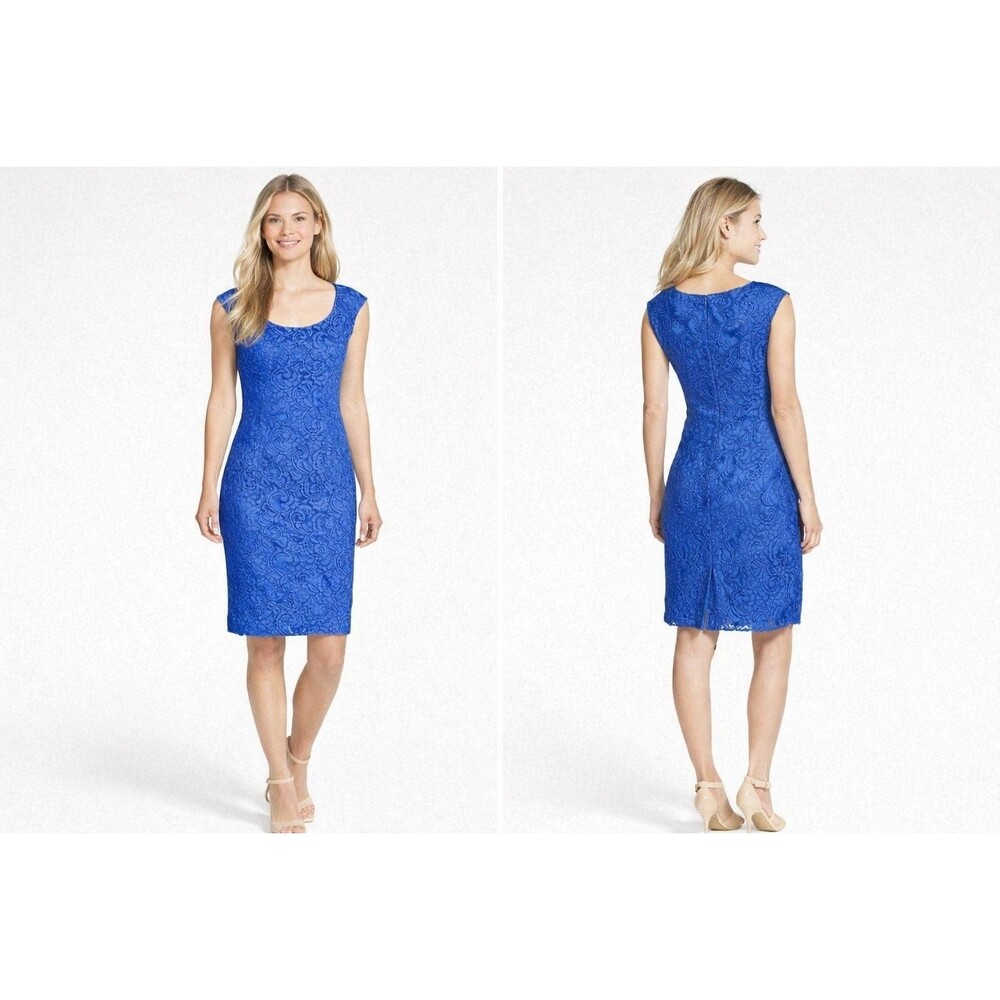 Adrianna Papell Blue Lace Sheath Dress Sz 8 Cocktail Wedding Guest Knee Length